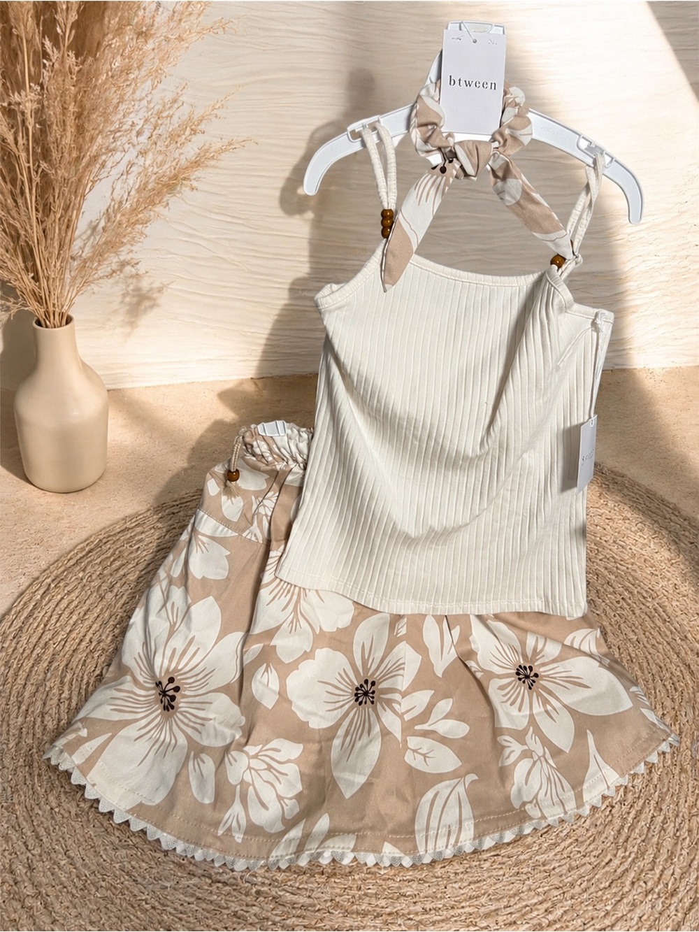 NWT girls BTween Cream Ribbed Tank with Beige Floral Skirt Set sz 10
